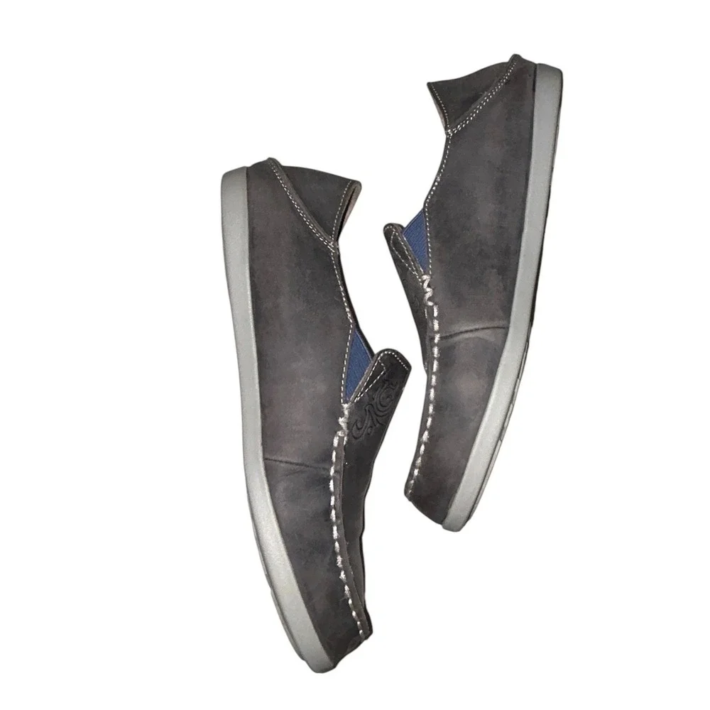 Olukai Nohea Nubuck Charcoal Gray Leather Slip On Loafers Womens 8 20174-VIPG